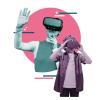Collage, die eine Frau und einen Jungen mit VR-Headsets zeigt.